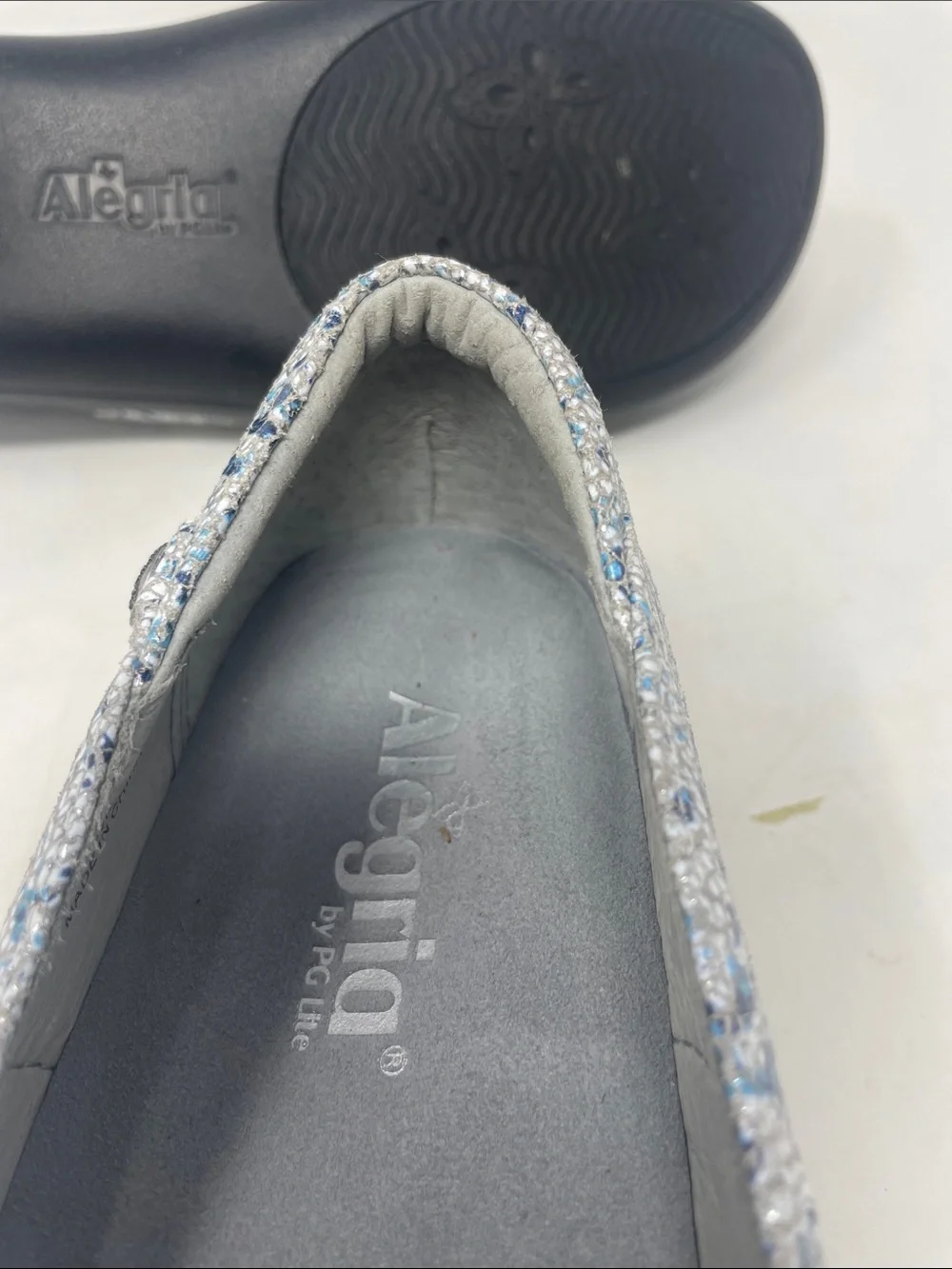 Alegria By PG Lite Leather Sparkling Blue Silver Slip-On Flats Size  7.5